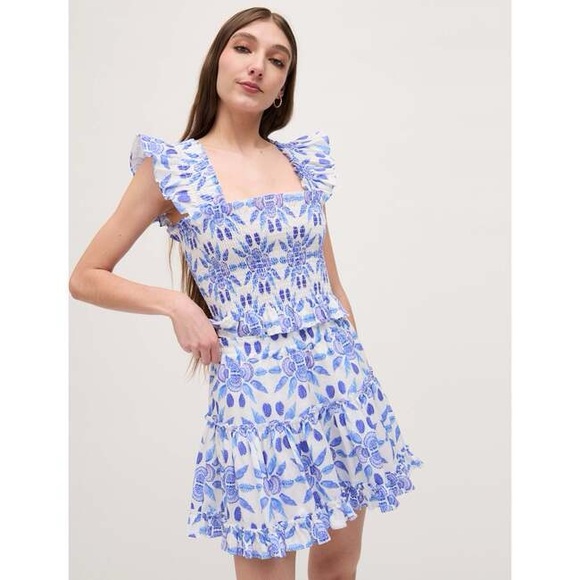 SET NWT HILL HOUSE HOME The Linen Cropped Paz Nap Top & skirt Blue Shell Mosaic - Picture 5 of 12